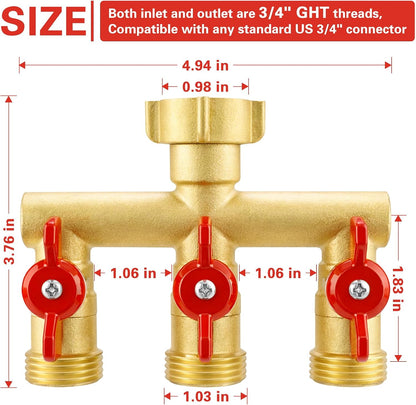 3 Way Garden Hose Splitter Heavy Duty Brass, Full Flow Outdoor Faucet Hose Splitter with 3 Shut Off Valves, 3/4" GHT Metal Hose Connector for Garden, Lawn Irrigation, Yard Watering Etc