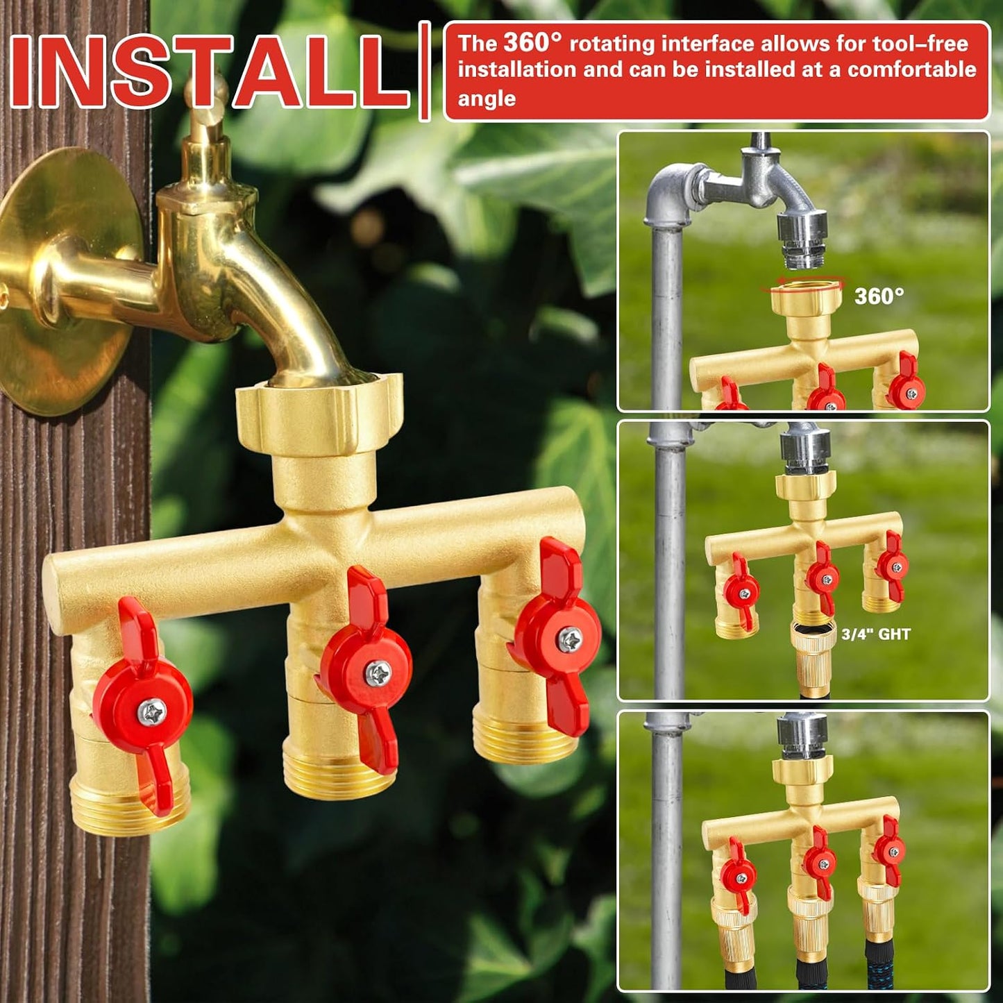 3 Way Garden Hose Splitter Heavy Duty Brass, Full Flow Outdoor Faucet Hose Splitter with 3 Shut Off Valves, 3/4" GHT Metal Hose Connector for Garden, Lawn Irrigation, Yard Watering Etc