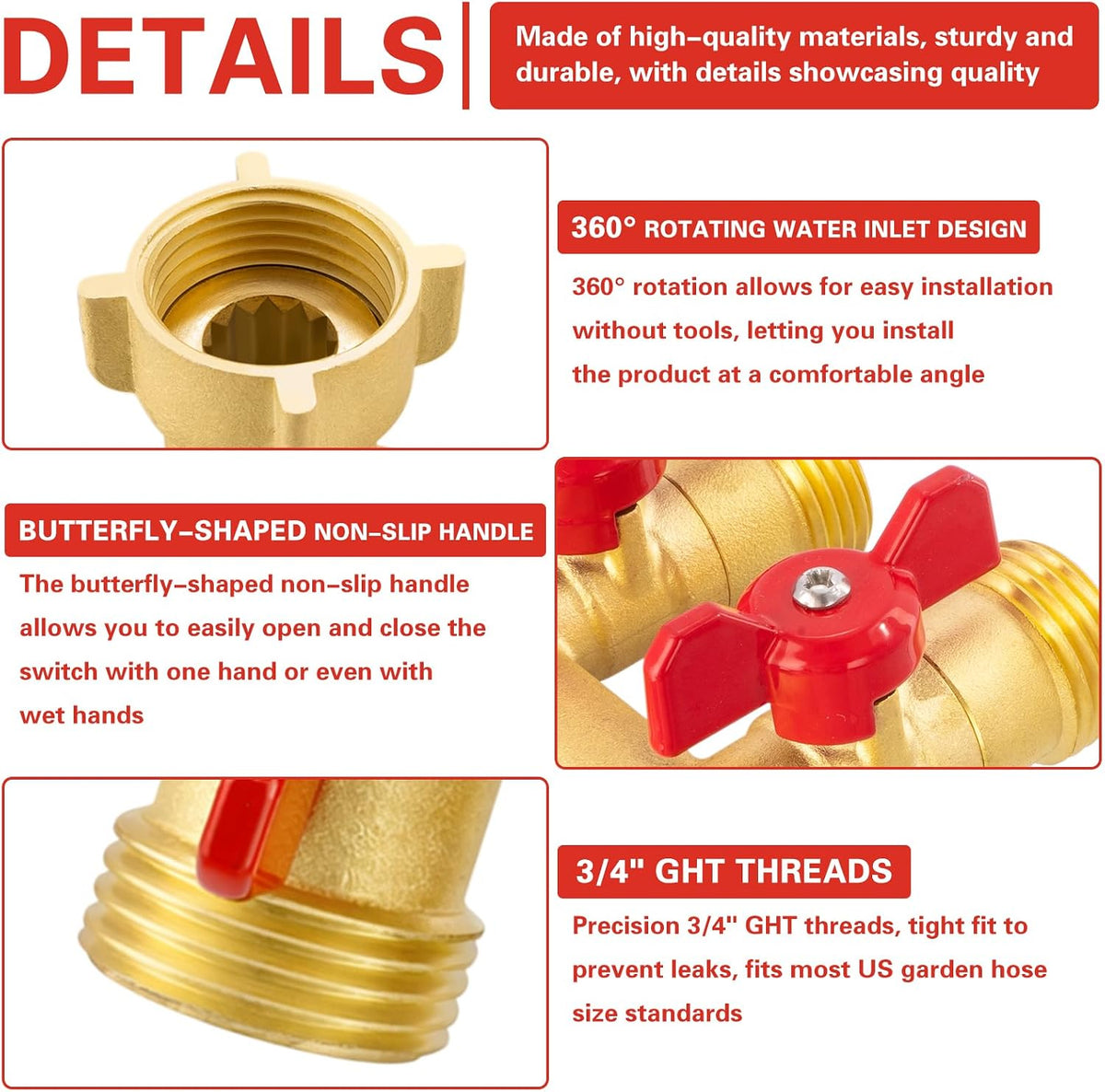 3 Way Garden Hose Splitter Heavy Duty Brass, Full Flow Outdoor Faucet Hose Splitter with 3 Shut Off Valves, 3/4" GHT Metal Hose Connector for Garden, Lawn Irrigation, Yard Watering Etc