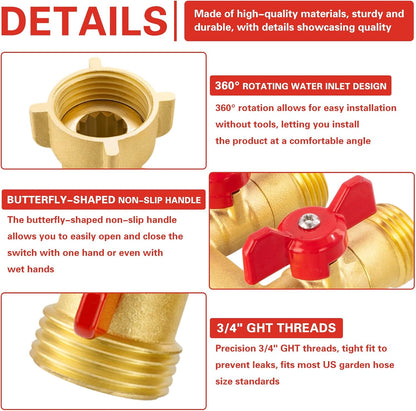 3 Way Garden Hose Splitter Heavy Duty Brass, Full Flow Outdoor Faucet Hose Splitter with 3 Shut Off Valves, 3/4" GHT Metal Hose Connector for Garden, Lawn Irrigation, Yard Watering Etc