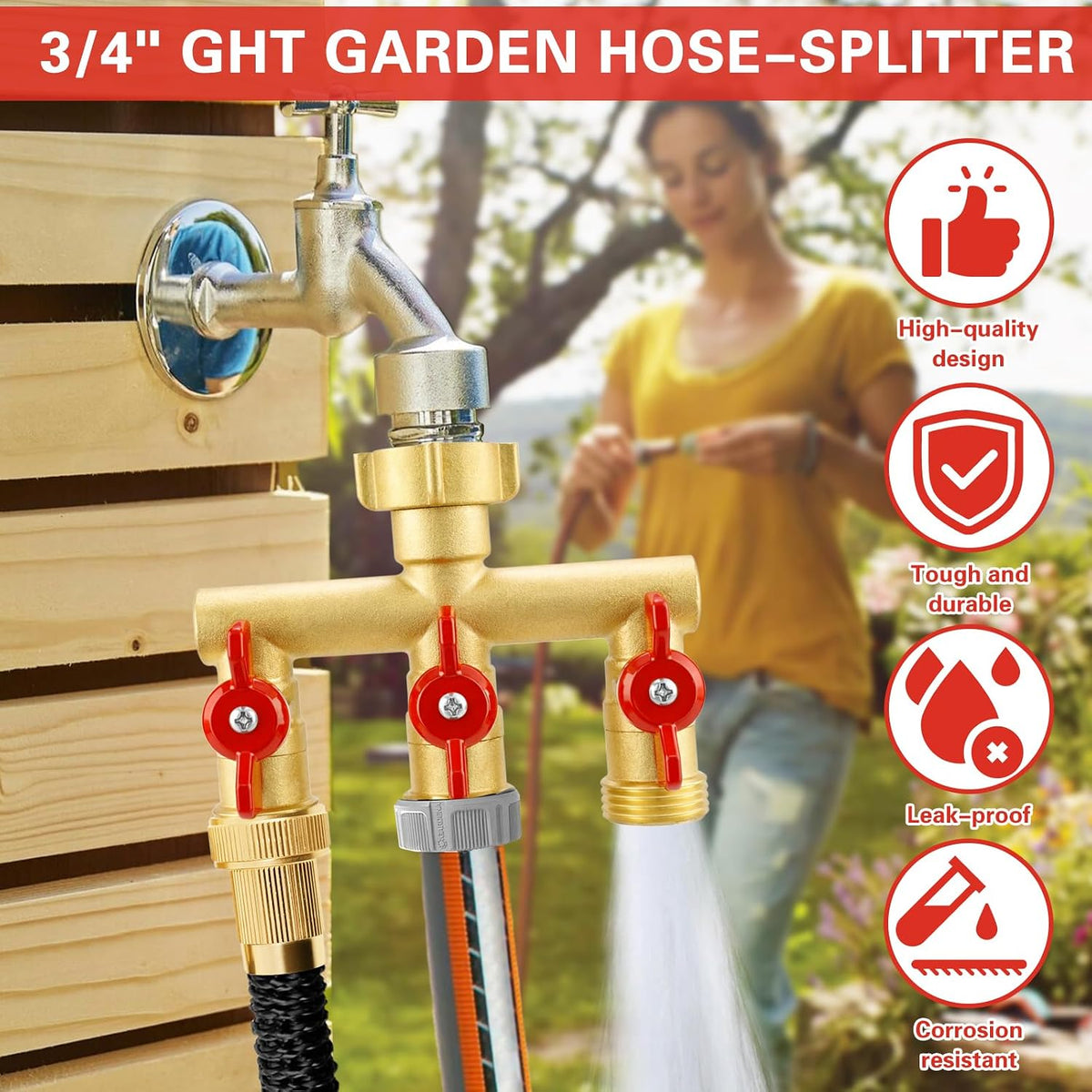 3 Way Garden Hose Splitter Heavy Duty Brass, Full Flow Outdoor Faucet Hose Splitter with 3 Shut Off Valves, 3/4" GHT Metal Hose Connector for Garden, Lawn Irrigation, Yard Watering Etc