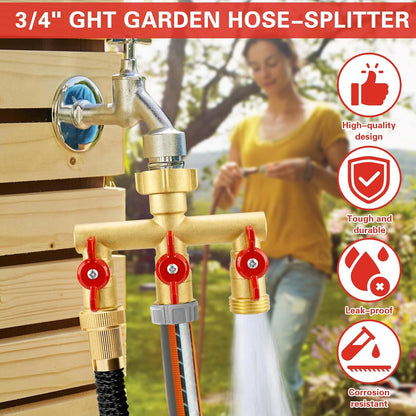 3 Way Garden Hose Splitter Heavy Duty Brass, Full Flow Outdoor Faucet Hose Splitter with 3 Shut Off Valves, 3/4" GHT Metal Hose Connector for Garden, Lawn Irrigation, Yard Watering Etc