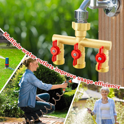 3 Way Garden Hose Splitter Heavy Duty Brass, Full Flow Outdoor Faucet Hose Splitter with 3 Shut Off Valves, 3/4" GHT Metal Hose Connector for Garden, Lawn Irrigation, Yard Watering Etc
