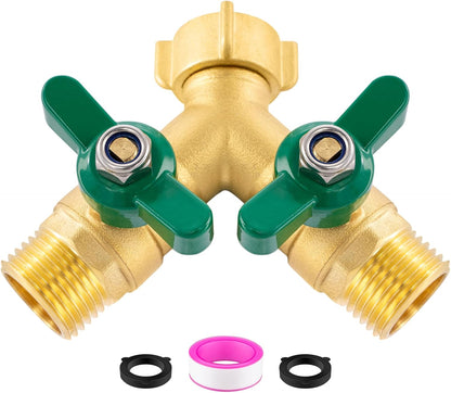 3 Way Garden Hose Splitter Heavy Duty Brass, Full Flow Outdoor Faucet Hose Splitter with 3 Shut Off Valves, 3/4" GHT Metal Hose Connector for Garden, Lawn Irrigation, Yard Watering Etc