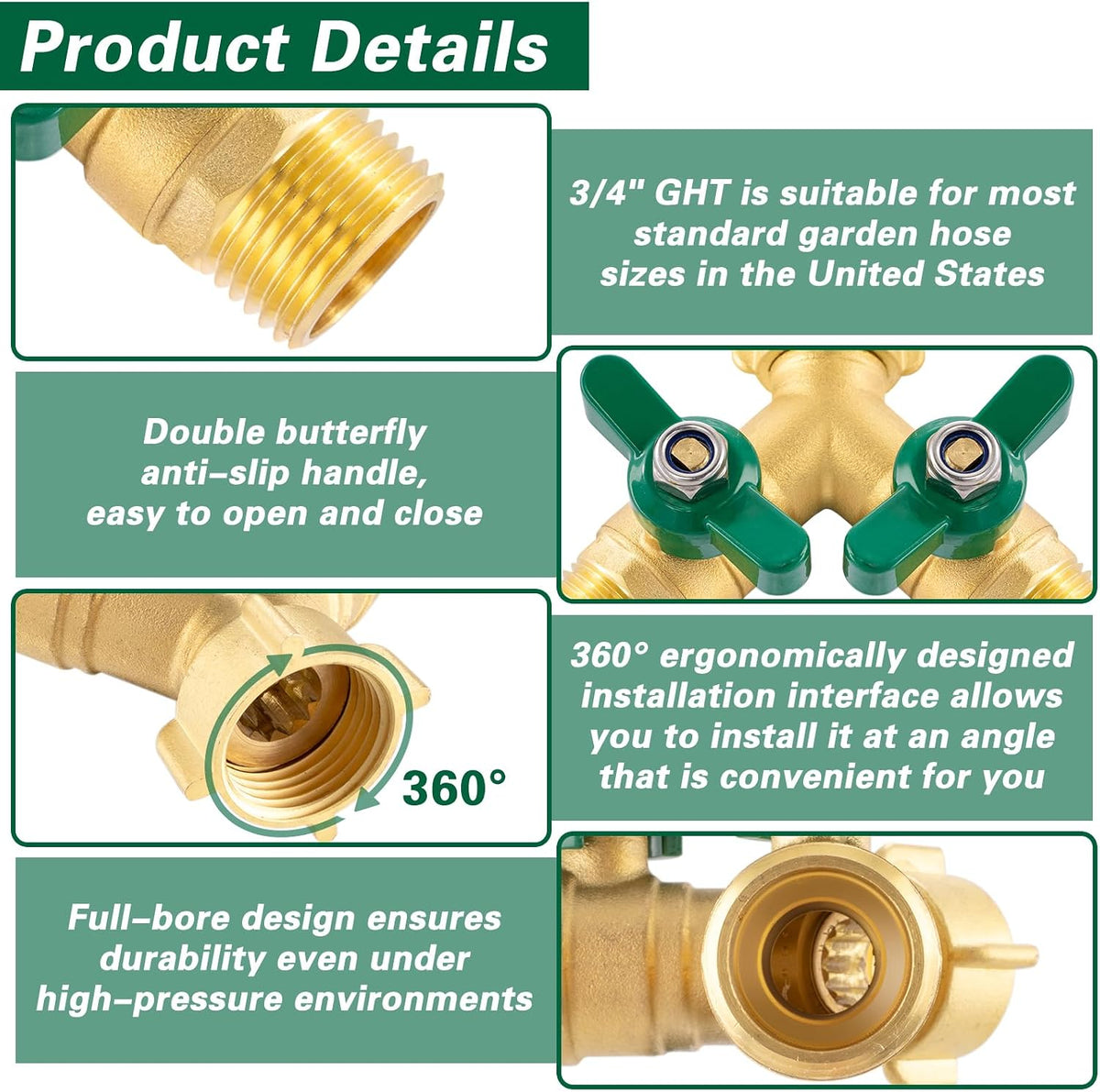 3 Way Garden Hose Splitter Heavy Duty Brass, Full Flow Outdoor Faucet Hose Splitter with 3 Shut Off Valves, 3/4" GHT Metal Hose Connector for Garden, Lawn Irrigation, Yard Watering Etc