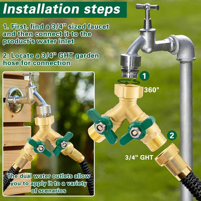 3 Way Garden Hose Splitter Heavy Duty Brass, Full Flow Outdoor Faucet Hose Splitter with 3 Shut Off Valves, 3/4" GHT Metal Hose Connector for Garden, Lawn Irrigation, Yard Watering Etc