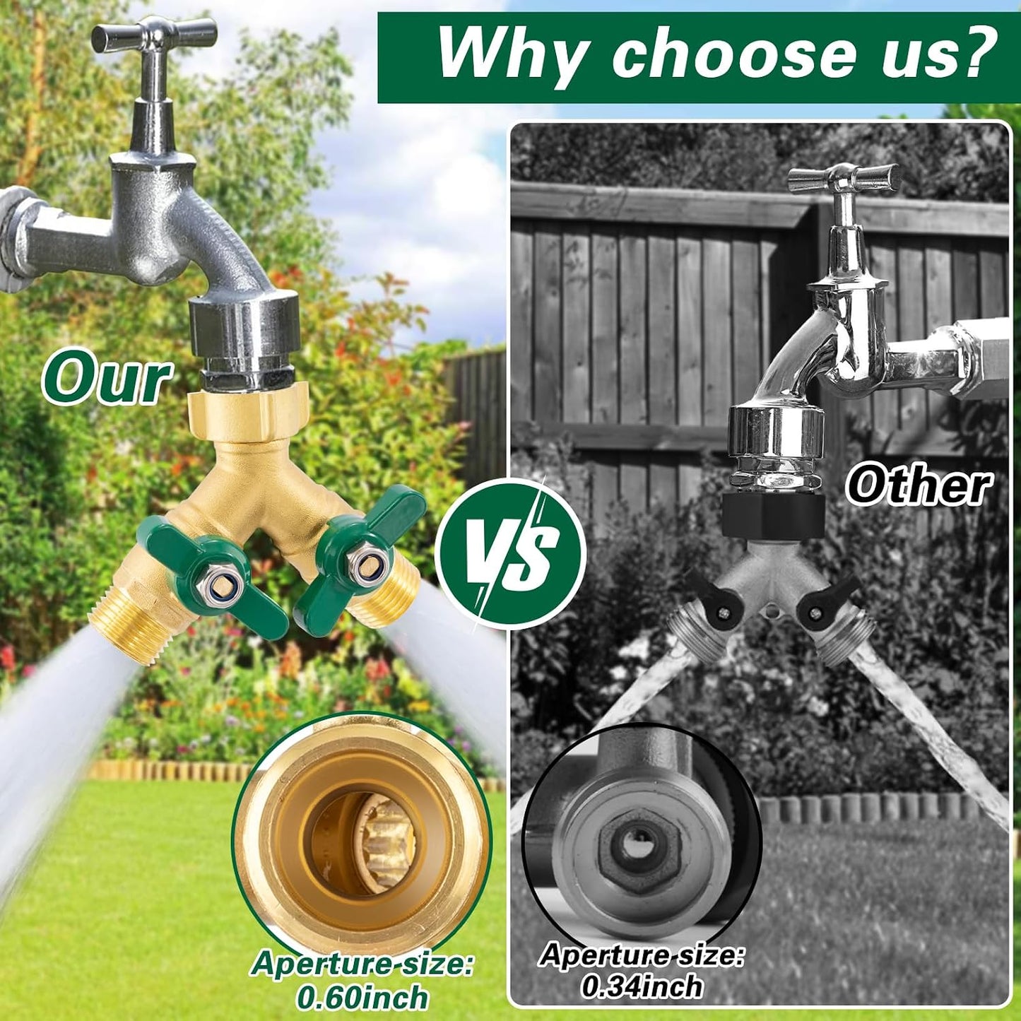 3 Way Garden Hose Splitter Heavy Duty Brass, Full Flow Outdoor Faucet Hose Splitter with 3 Shut Off Valves, 3/4" GHT Metal Hose Connector for Garden, Lawn Irrigation, Yard Watering Etc