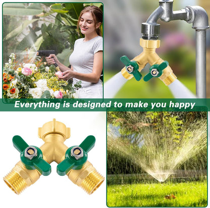 3 Way Garden Hose Splitter Heavy Duty Brass, Full Flow Outdoor Faucet Hose Splitter with 3 Shut Off Valves, 3/4" GHT Metal Hose Connector for Garden, Lawn Irrigation, Yard Watering Etc