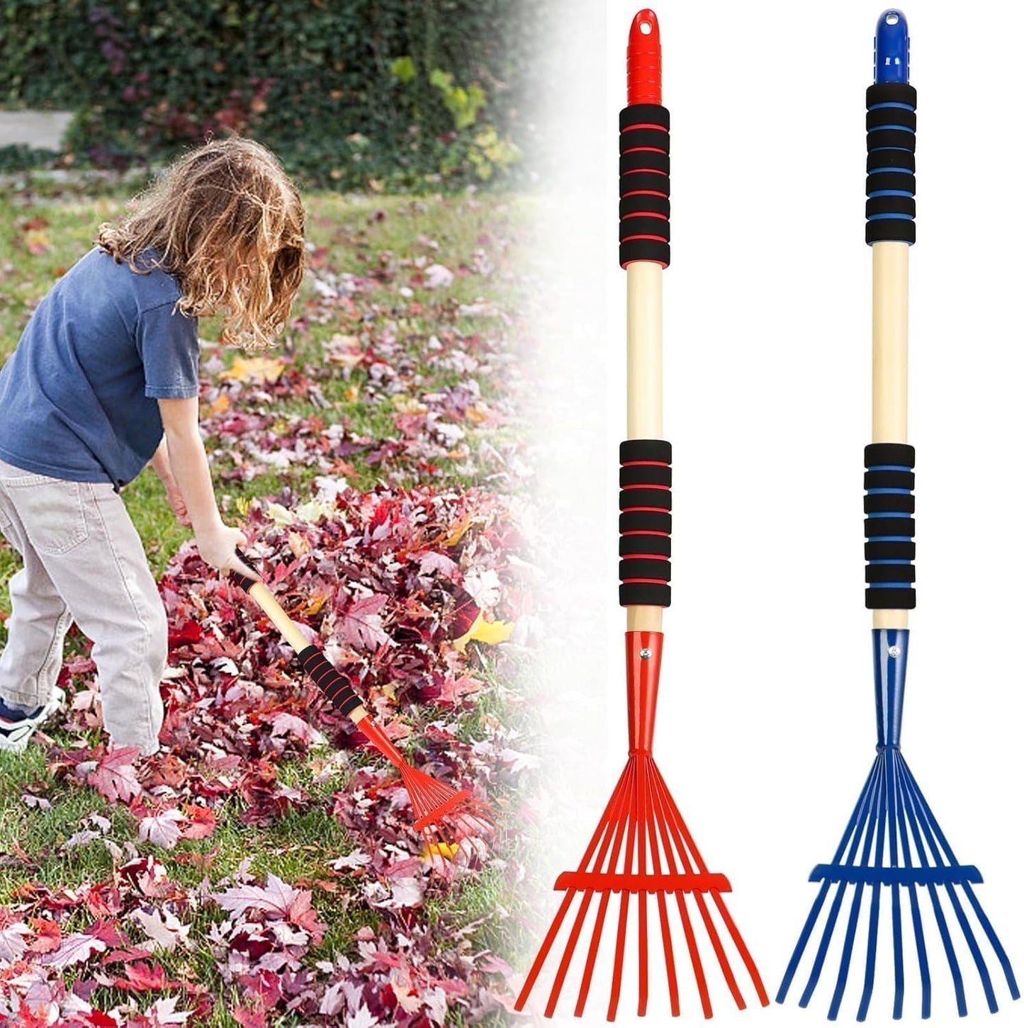 2 Pack Kids Rakes for Leaves, 28" Small Rakes, Metal Head & Wooden Handle