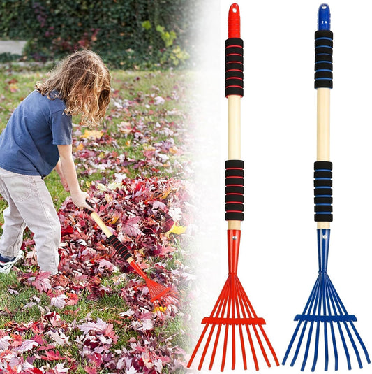 2 Pack Kids Rakes for Leaves, 28" Small Rakes, Metal Head & Wooden Handle