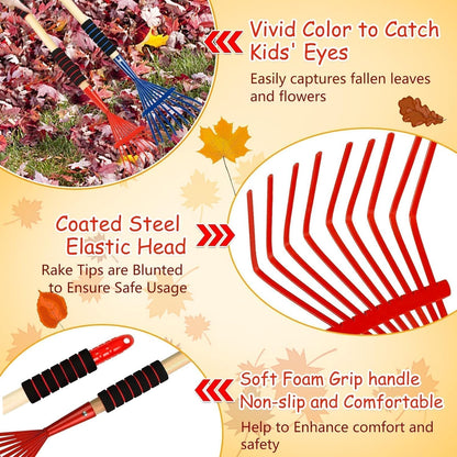 2 Pack Kids Rakes for Leaves, 28" Small Rakes, Metal Head & Wooden Handle