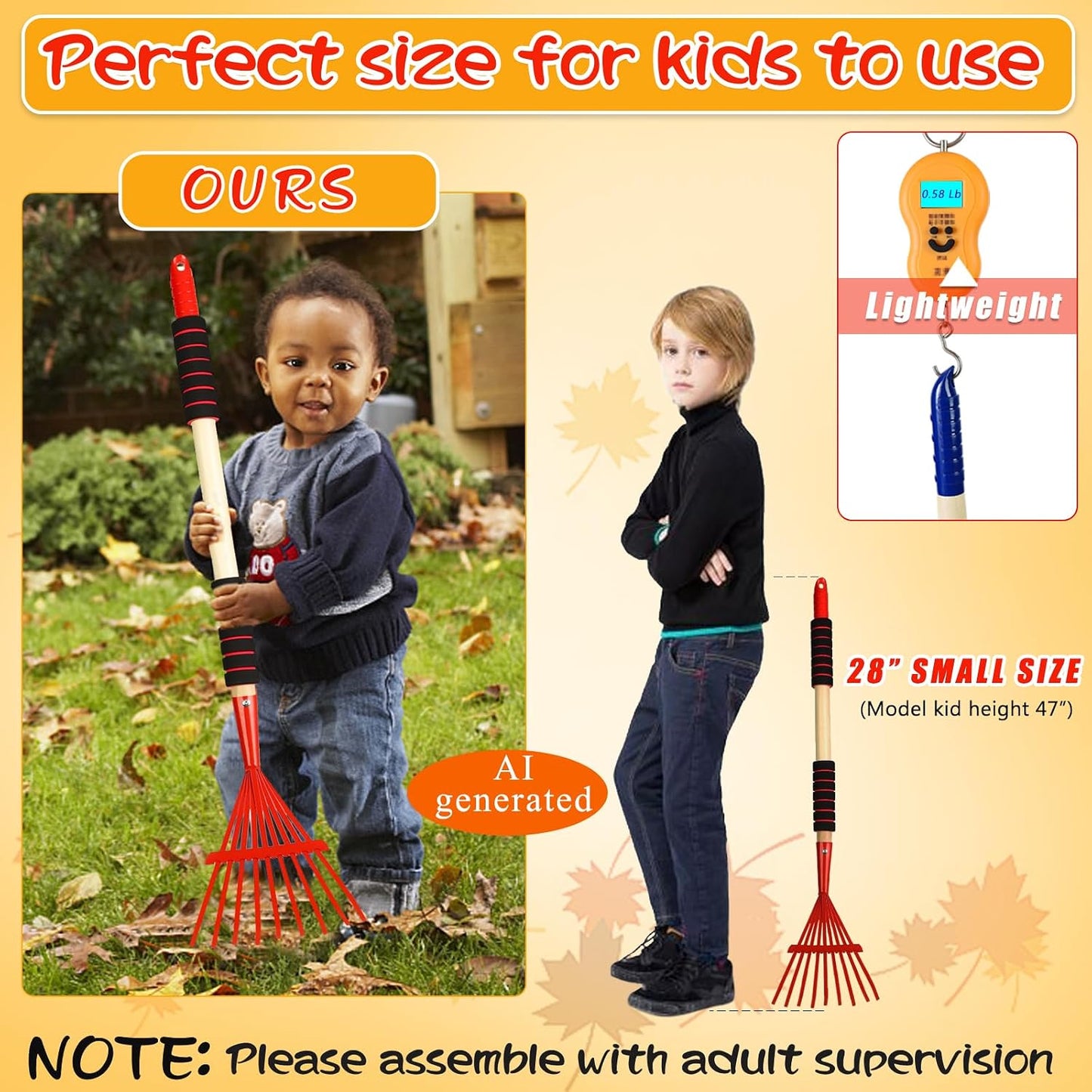 2 Pack Kids Rakes for Leaves, 28" Small Rakes, Metal Head & Wooden Handle