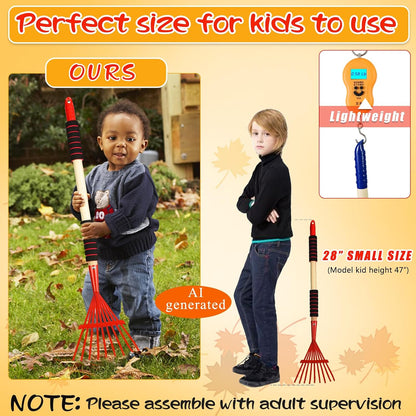 2 Pack Kids Rakes for Leaves, 28" Small Rakes, Metal Head & Wooden Handle