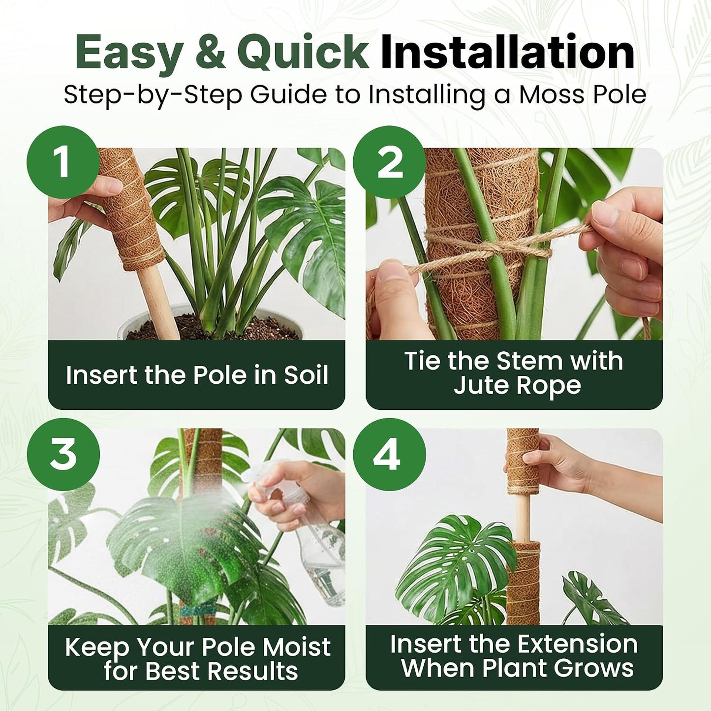 4 Pack 16" Moss Pole Monstera Plant Support - Stackable up to 48"