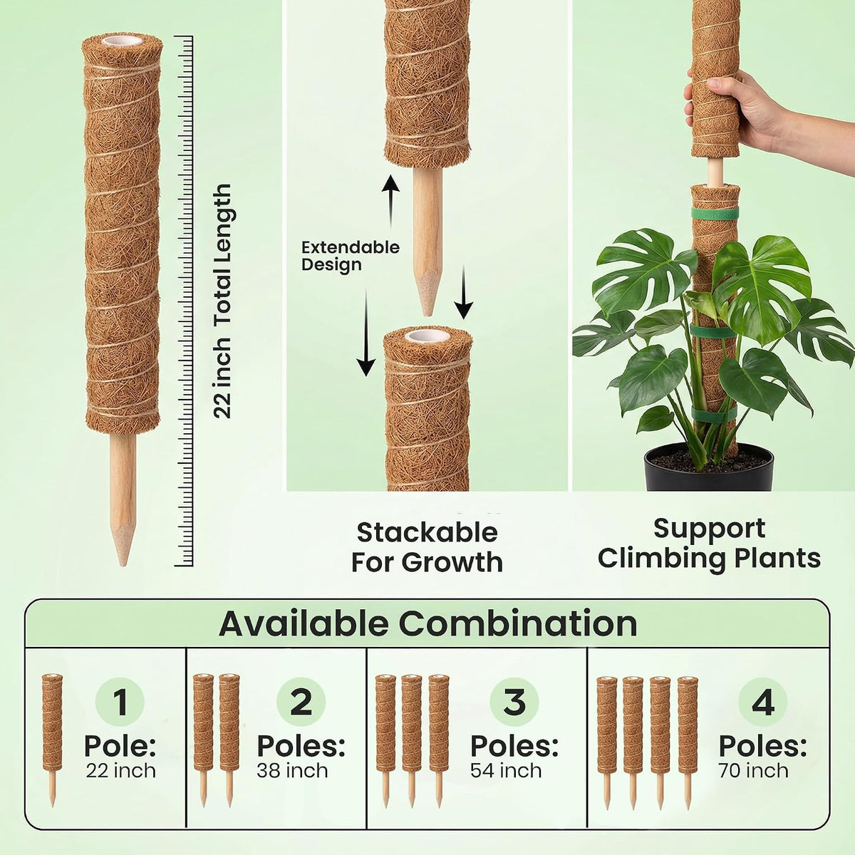 4 Pack 16" Moss Pole Monstera Plant Support - Stackable up to 48"