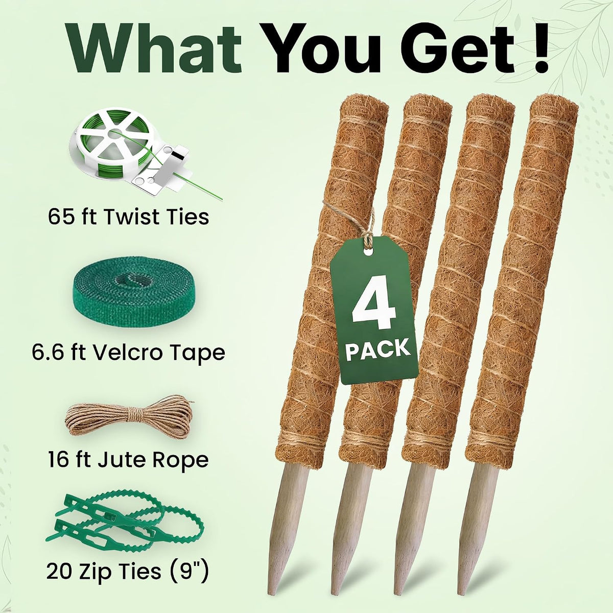 4 Pack 16" Moss Pole Monstera Plant Support - Stackable up to 48"