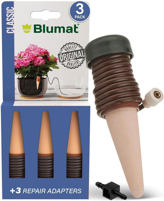 Blumat Classic Self-Watering Stakes - Prevents Overwatering and Underwatering for Healthy Growth While You are Away - Ideal for Indoor Plant Watering (3 Pack w/o Adapter)