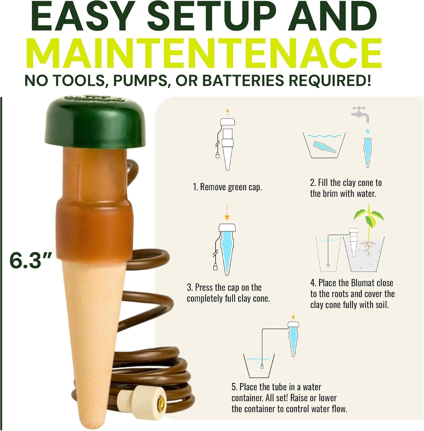 Blumat Classic Self-Watering Stakes - Prevents Overwatering and Underwatering for Healthy Growth While You are Away - Ideal for Indoor Plant Watering (3 Pack w/o Adapter)
