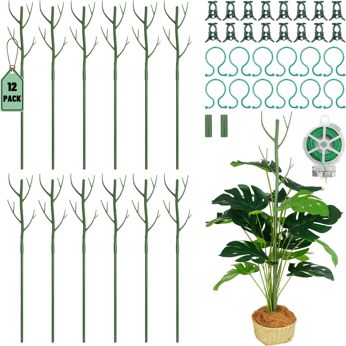 24 Pack Plant Support Stake, Half Round Metal Garden Plant Stake, Green Plant Support Ring, Border Support with Plant Lables & Plant Clips for Outdoor Indoor Plants, Vegetable, Flowers