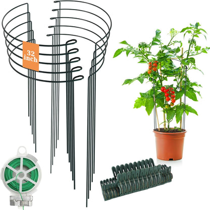 24 Pack Plant Support Stake, Half Round Metal Garden Plant Stake, Green Plant Support Ring, Border Support with Plant Lables & Plant Clips for Outdoor Indoor Plants, Vegetable, Flowers