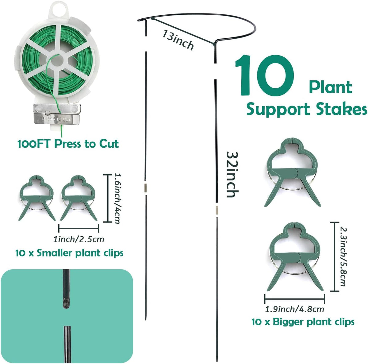 24 Pack Plant Support Stake, Half Round Metal Garden Plant Stake, Green Plant Support Ring, Border Support with Plant Lables & Plant Clips for Outdoor Indoor Plants, Vegetable, Flowers