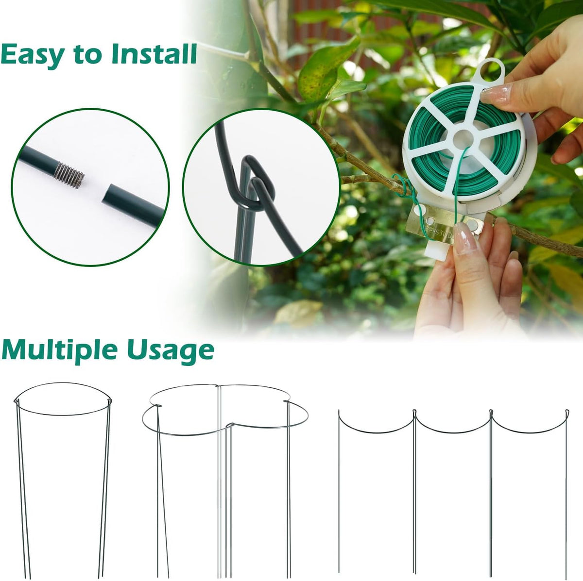 24 Pack Plant Support Stake, Half Round Metal Garden Plant Stake, Green Plant Support Ring, Border Support with Plant Lables & Plant Clips for Outdoor Indoor Plants, Vegetable, Flowers