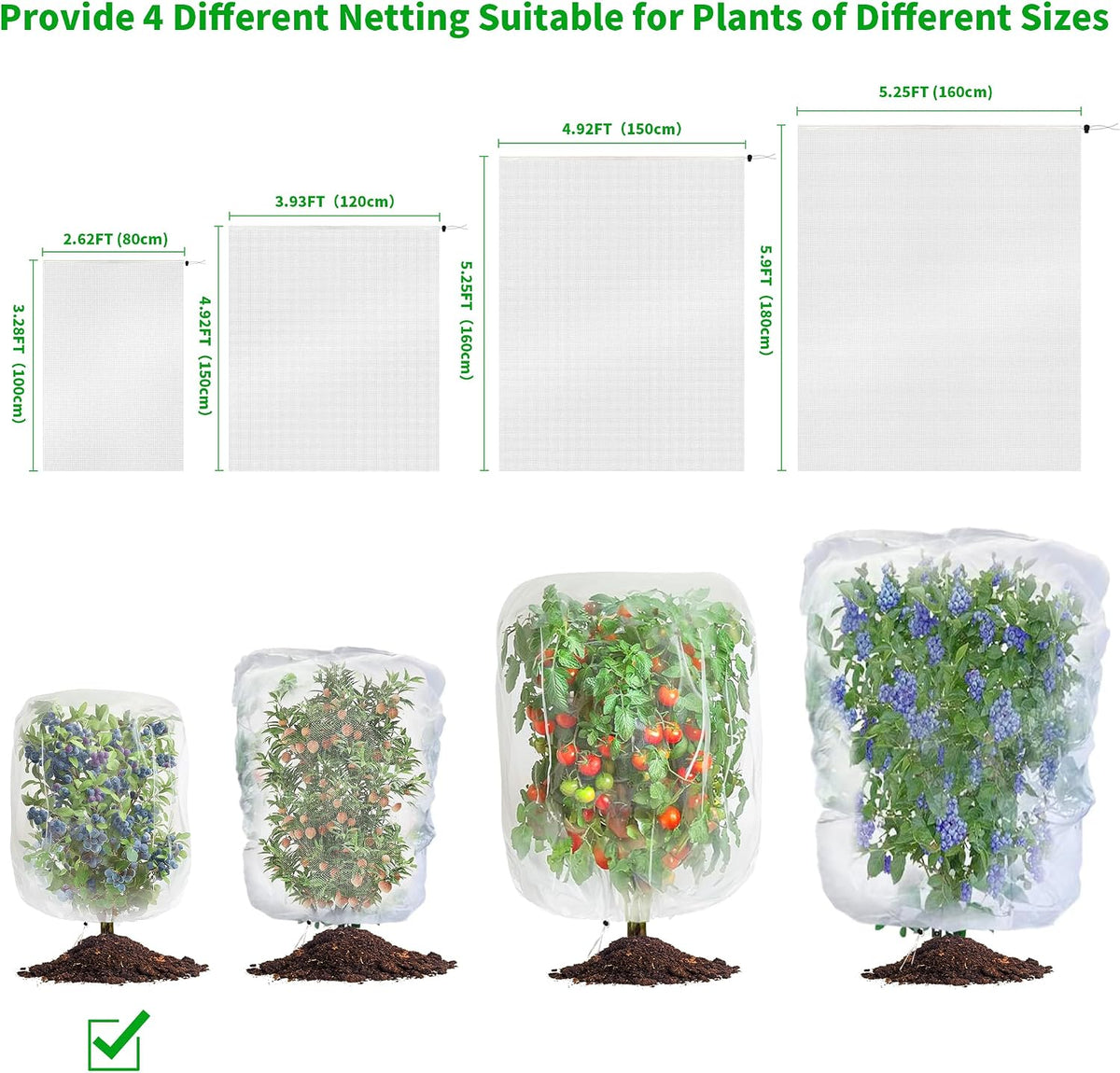Garden Mesh Netting with Drawstring,Plants Cover Protection from Anti Birds,Bugs,Cicadas,and Insects-Pest Barrier Bag for Blueberry Bushes,Citrus,Tomatoes,Vegetables,Fruit Tree and Orange
