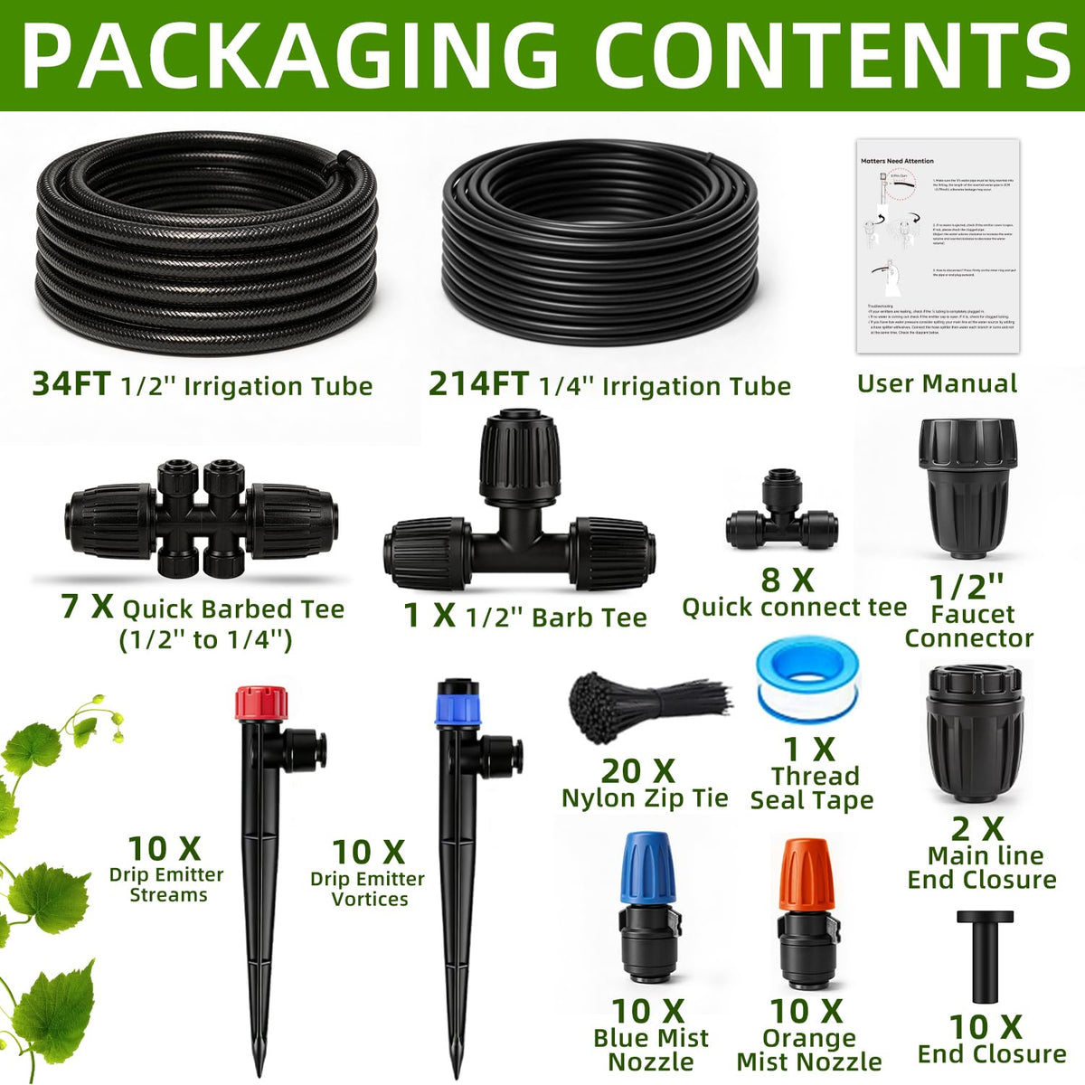 Drip Irrigation System, 106FT Quick Connect Garden Watering