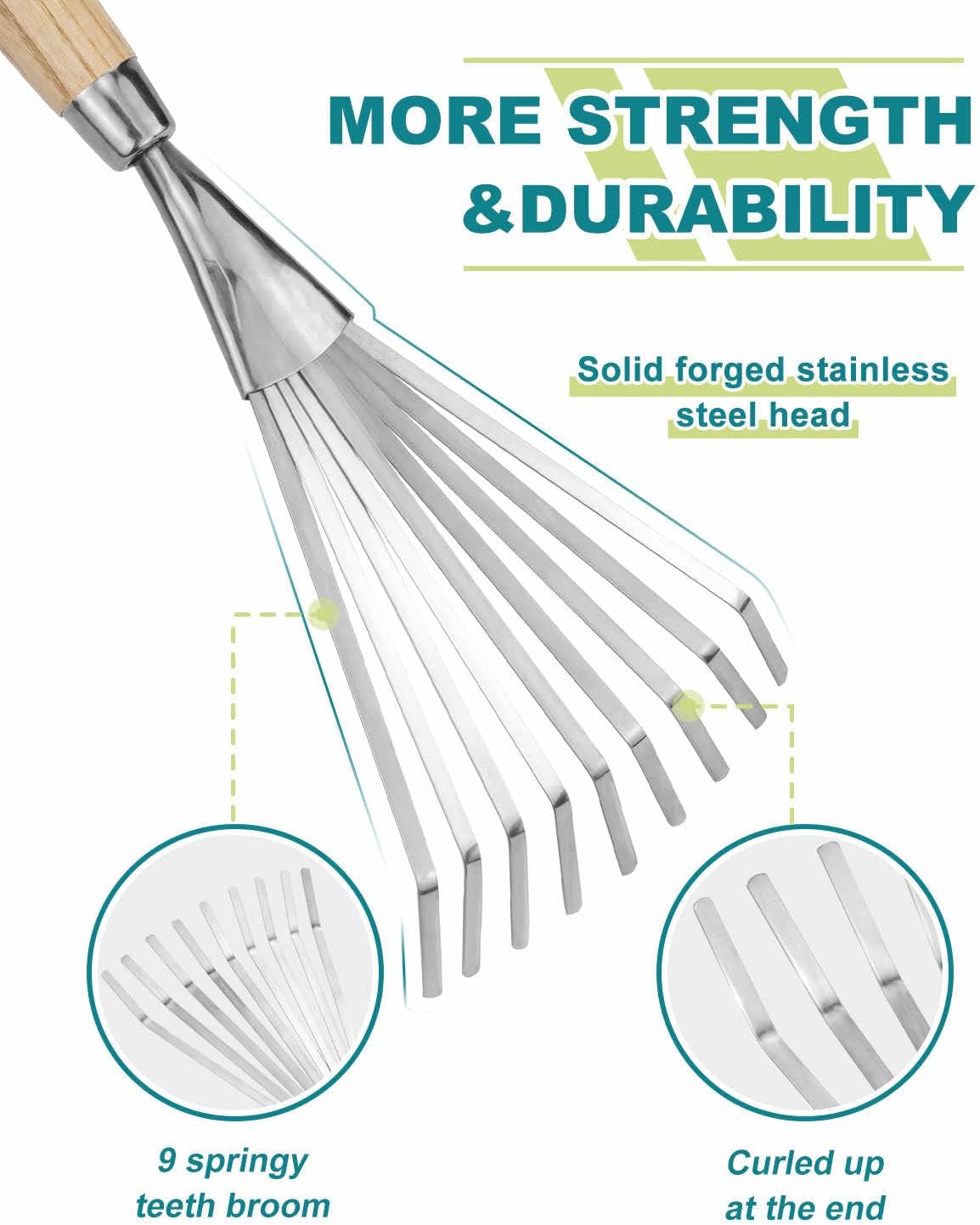 Hand Cultivator with 9-Teeth Rake - 14.4 Inch for Garden Bed Cultivating Soil, Weeding, Raking Leaves, Levelling Gravel - Solid Wood Handle