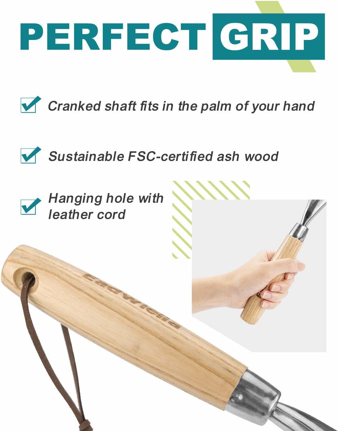 Hand Cultivator with 9-Teeth Rake - 14.4 Inch for Garden Bed Cultivating Soil, Weeding, Raking Leaves, Levelling Gravel - Solid Wood Handle