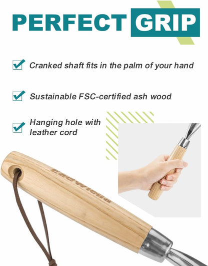 Hand Cultivator with 9-Teeth Rake - 14.4 Inch for Garden Bed Cultivating Soil, Weeding, Raking Leaves, Levelling Gravel - Solid Wood Handle