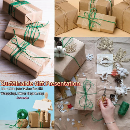 1312.336 Feet 2mm Green Jute Twine String - 3 Ply Natural Garden Twine for Plants, Crafts, Gift Wrapping, Packing - Heavy Duty Plant Ties for Tomatoes, Climbing Plants, DIY Projects, (4 Pack)