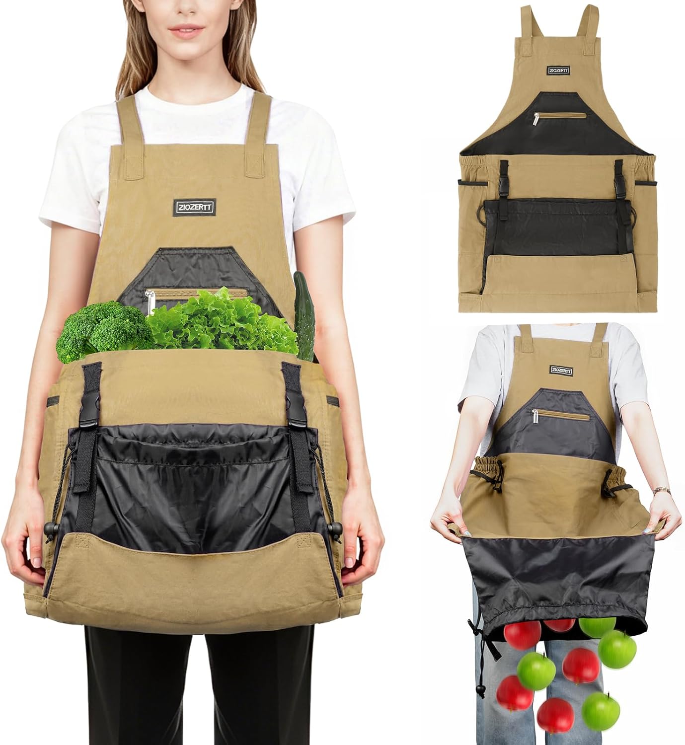 Garden Apron,Harvest Aprons with Drawstring Bag and Pockets for Women and Men,Canvas Fruit Picking Apron