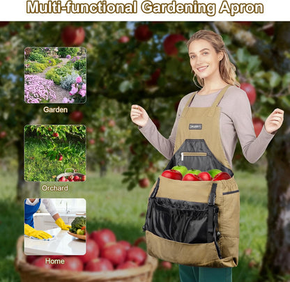 Garden Apron,Harvest Aprons with Drawstring Bag and Pockets for Women and Men,Canvas Fruit Picking Apron