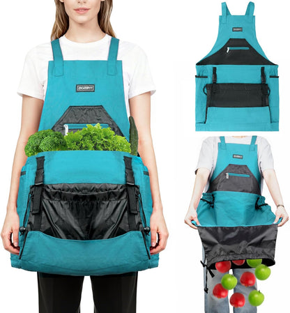 Garden Apron,Harvest Aprons with Drawstring Bag and Pockets for Women and Men,Canvas Fruit Picking Apron