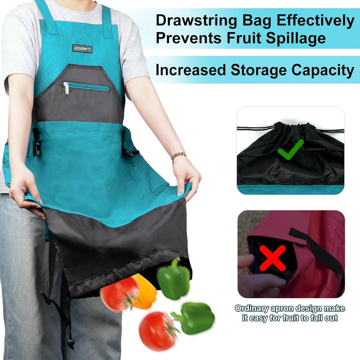 Garden Apron,Harvest Aprons with Drawstring Bag and Pockets for Women and Men,Canvas Fruit Picking Apron