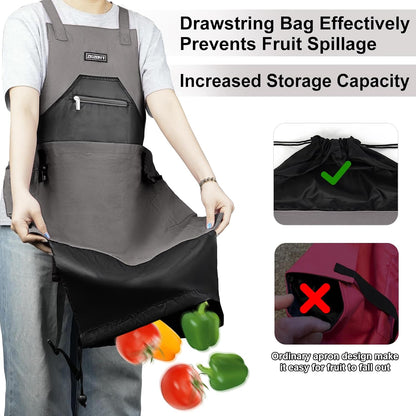 Garden Apron,Harvest Aprons with Drawstring Bag and Pockets for Women and Men,Canvas Fruit Picking Apron