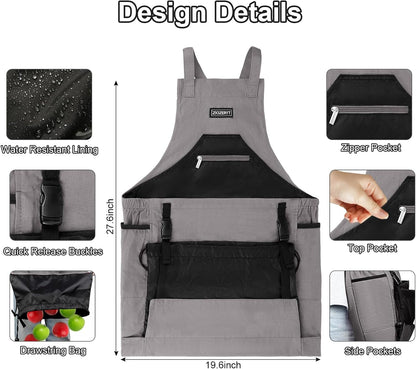 Garden Apron,Harvest Aprons with Drawstring Bag and Pockets for Women and Men,Canvas Fruit Picking Apron