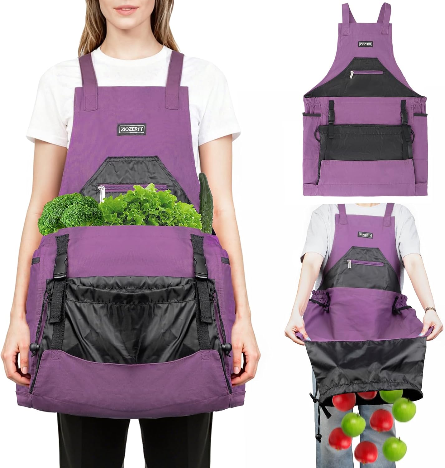 Garden Apron,Harvest Aprons with Drawstring Bag and Pockets for Women and Men,Canvas Fruit Picking Apron