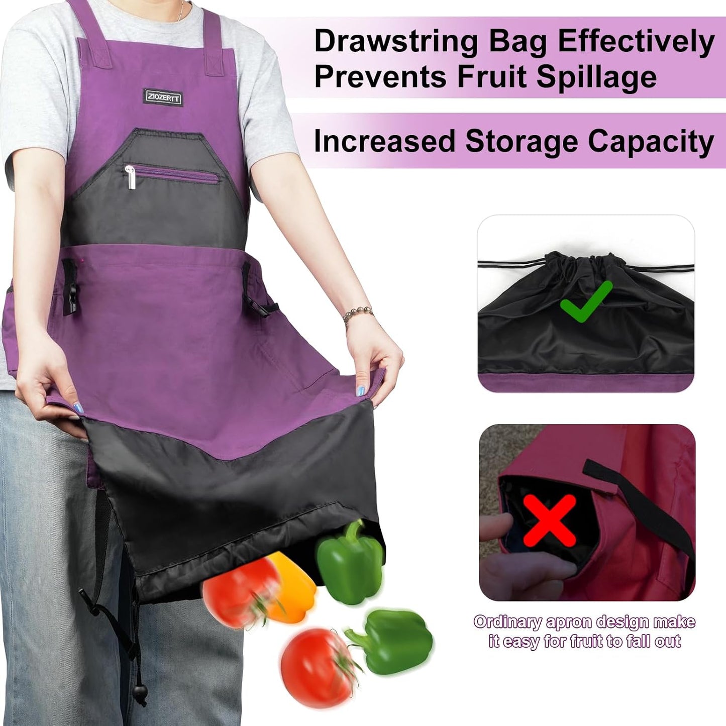 Garden Apron,Harvest Aprons with Drawstring Bag and Pockets for Women and Men,Canvas Fruit Picking Apron