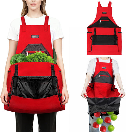 Garden Apron,Harvest Aprons with Drawstring Bag and Pockets for Women and Men,Canvas Fruit Picking Apron