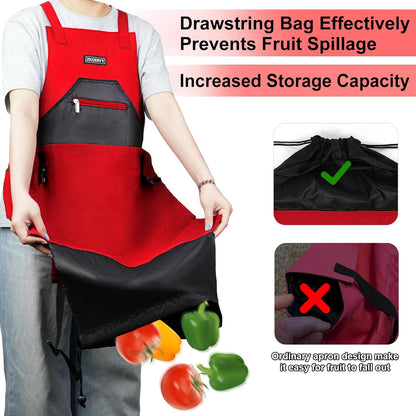 Garden Apron,Harvest Aprons with Drawstring Bag and Pockets for Women and Men,Canvas Fruit Picking Apron