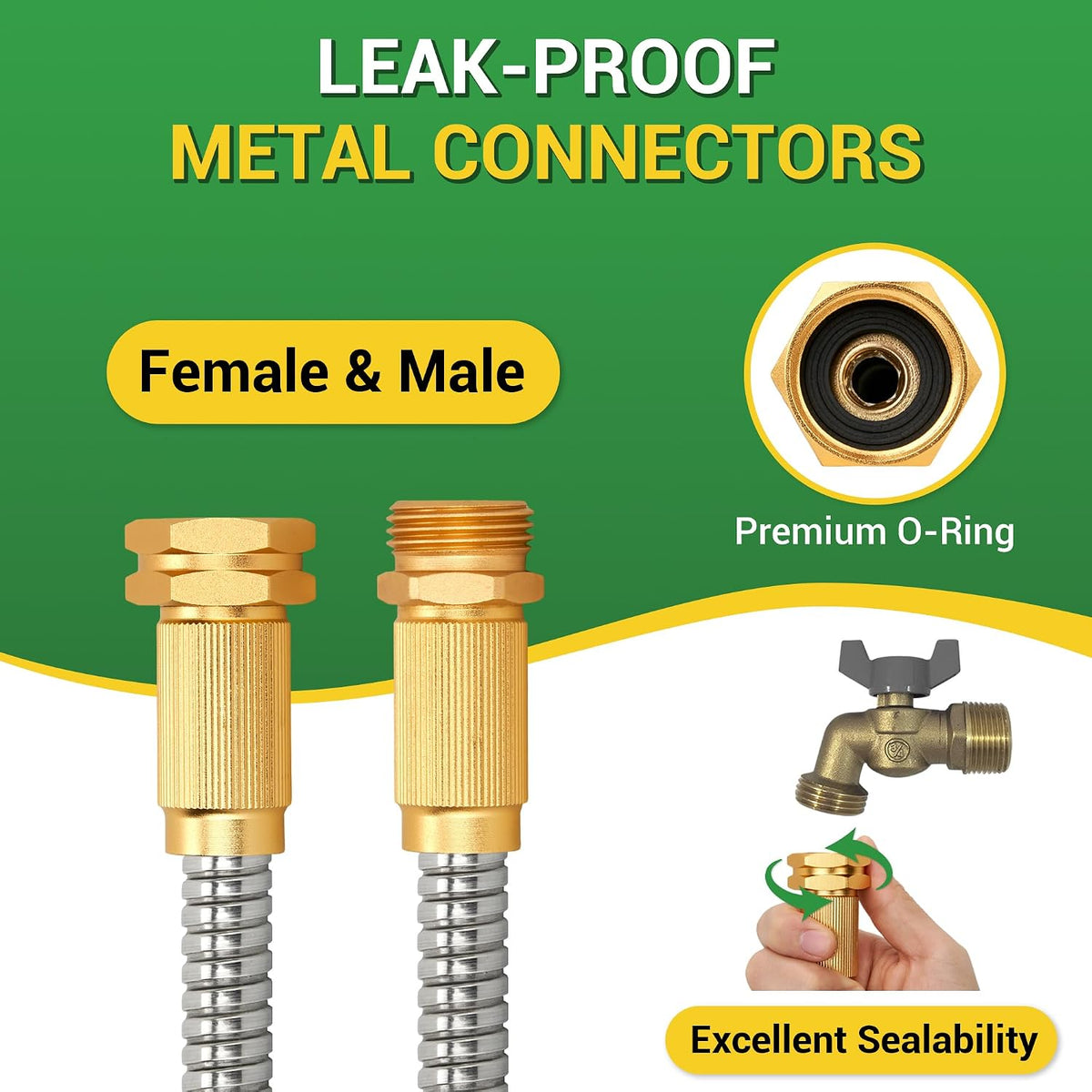 Garden Hose - Short Water Leader Metal Hose 3 FT with Female to Male Fitting, Flexible, Heavy Duty Hose Extension for Outdoor Hose Reel、Dehumidifier、RV、304 Stainless Steel