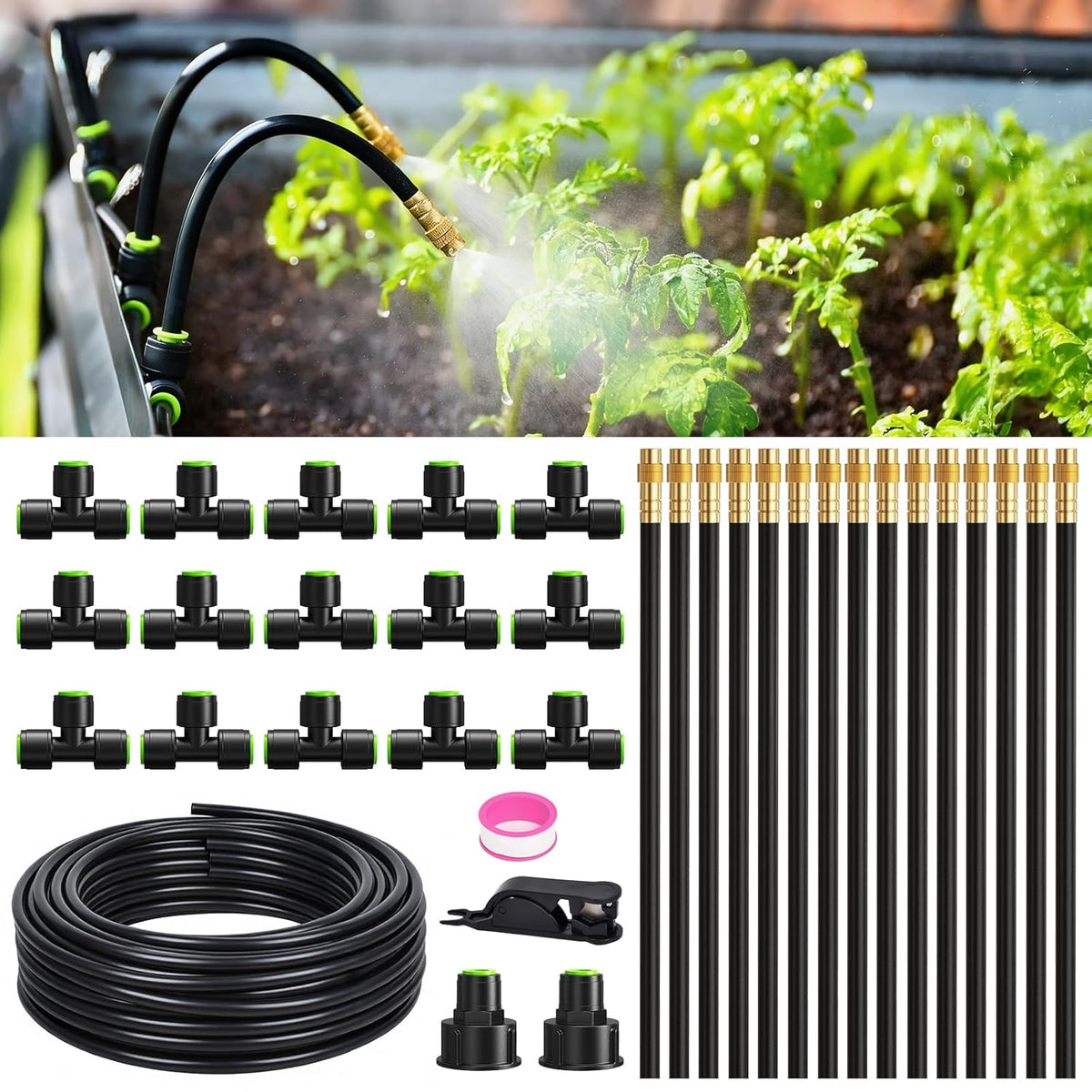 50FT Drip Irrigation System, Garden Watering Kit with 15pcs 360°Adjustable Copper Nozzles, Automatic Atomizing Watering Sprinkler System for Greenhouse, Lawn, Raised Beds, Outdoor Plants