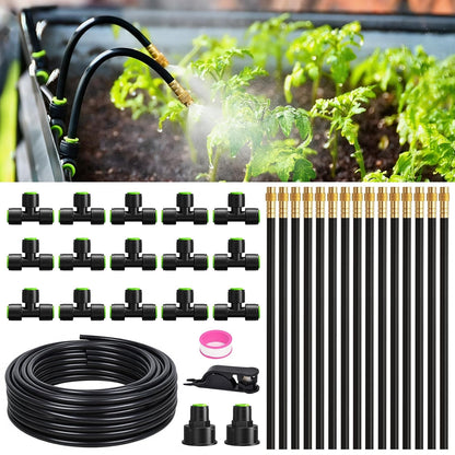 50FT Drip Irrigation System, Garden Watering Kit with 15pcs 360°Adjustable Copper Nozzles, Automatic Atomizing Watering Sprinkler System for Greenhouse, Lawn, Raised Beds, Outdoor Plants