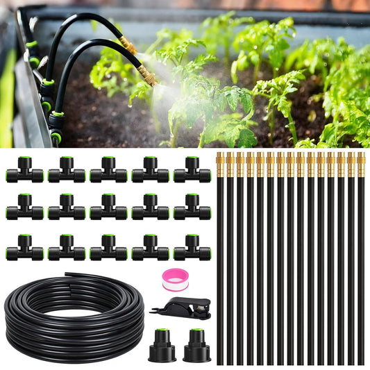 50FT Drip Irrigation System, Garden Watering Kit with 15pcs 360°Adjustable Copper Nozzles, Automatic Atomizing Watering Sprinkler System for Greenhouse, Lawn, Raised Beds, Outdoor Plants