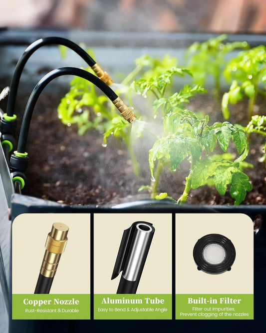 50FT Drip Irrigation System, Garden Watering Kit with 15pcs 360°Adjustable Copper Nozzles, Automatic Atomizing Watering Sprinkler System for Greenhouse, Lawn, Raised Beds, Outdoor Plants
