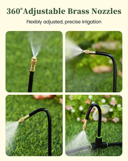 50FT Drip Irrigation System, Garden Watering Kit with 15pcs 360°Adjustable Copper Nozzles, Automatic Atomizing Watering Sprinkler System for Greenhouse, Lawn, Raised Beds, Outdoor Plants