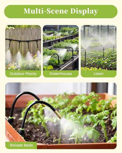 50FT Drip Irrigation System, Garden Watering Kit with 15pcs 360°Adjustable Copper Nozzles, Automatic Atomizing Watering Sprinkler System for Greenhouse, Lawn, Raised Beds, Outdoor Plants