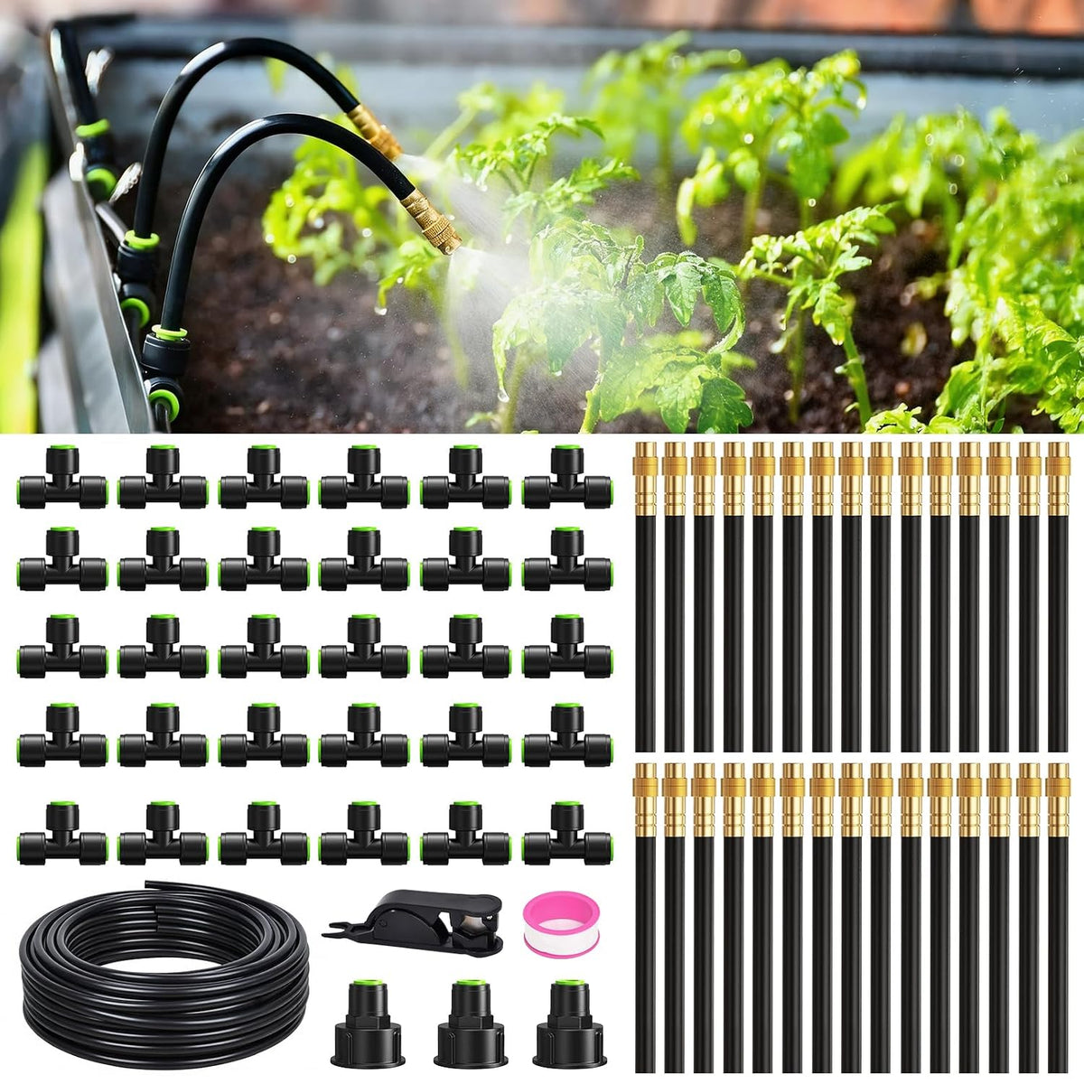 50FT Drip Irrigation System, Garden Watering Kit with 15pcs 360°Adjustable Copper Nozzles, Automatic Atomizing Watering Sprinkler System for Greenhouse, Lawn, Raised Beds, Outdoor Plants